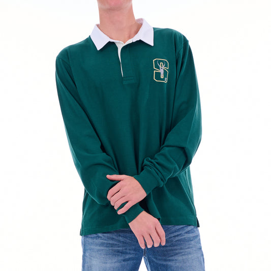 Green long-sleeve polo shirt with a logo on a white background