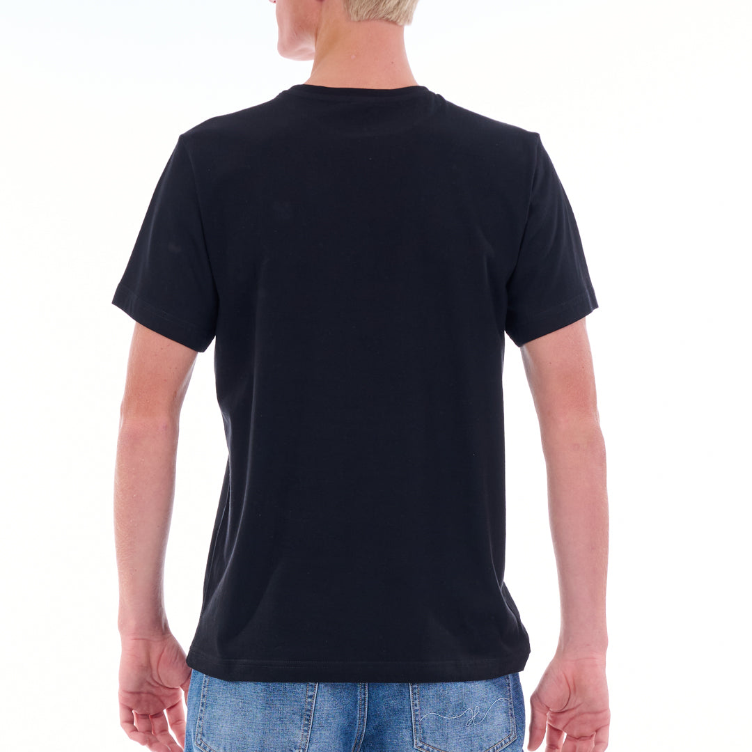 Person wearing a black t-shirt on a white background