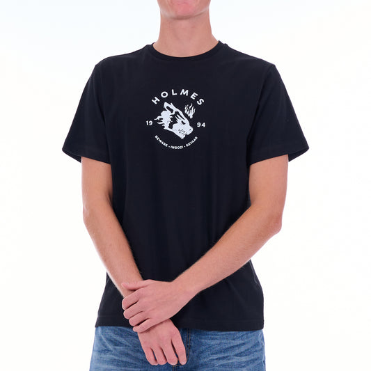Person wearing a black t-shirt with a white logo on a white background