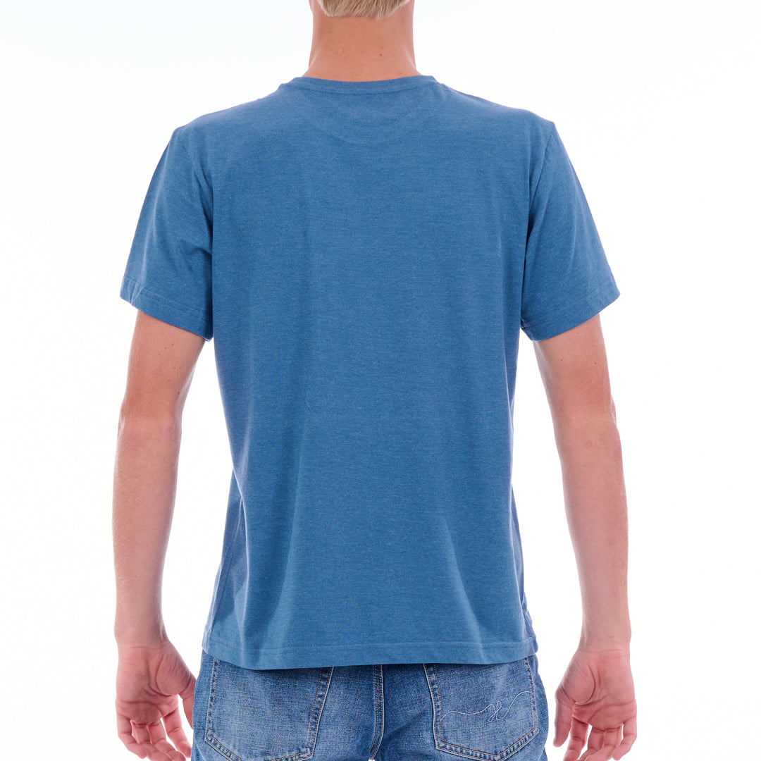 Person wearing a blue t-shirt on a white background