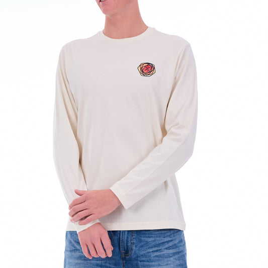 Person wearing a white long-sleeve shirt with a small graphic on the chest against a white background
