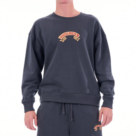 Person wearing a dark gray sweatshirt with 'HOLMES' logo on a white background