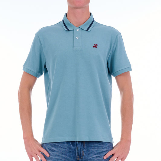 Light blue polo shirt with a small logo worn by a person on a white background