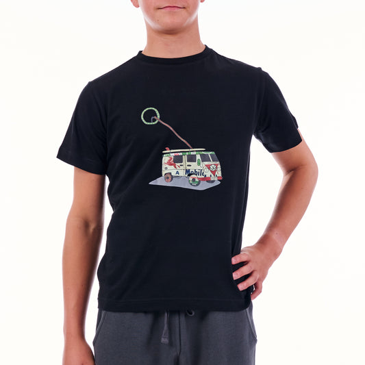 Person wearing a black t-shirt with a colorful graphic design on a white background