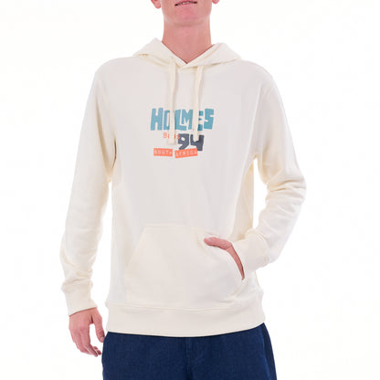 Person wearing a cream hoodie with text on a white background