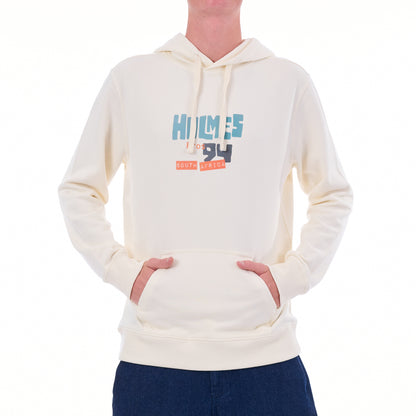 Person wearing a cream hoodie with a logo on a white background
