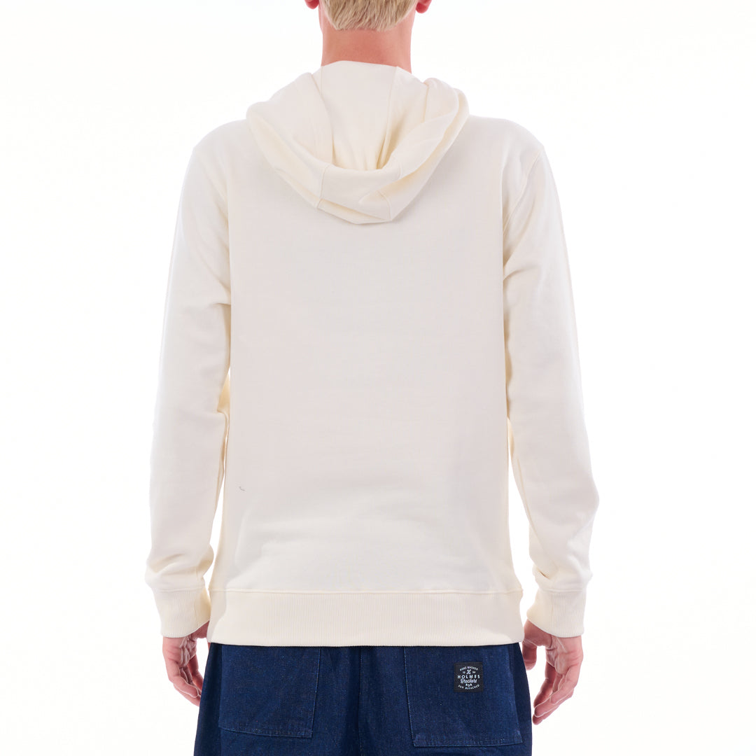 Person wearing a white hoodie with a visible brand logo on the back, standing against a white background.