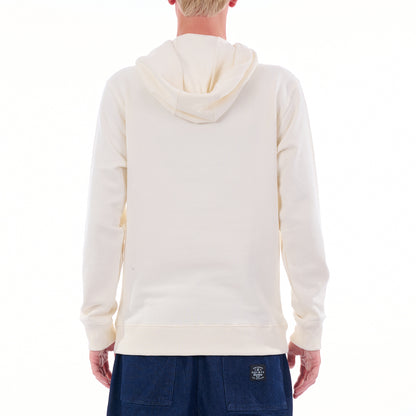 Person wearing a white hoodie with a visible brand logo on the back, standing against a white background.