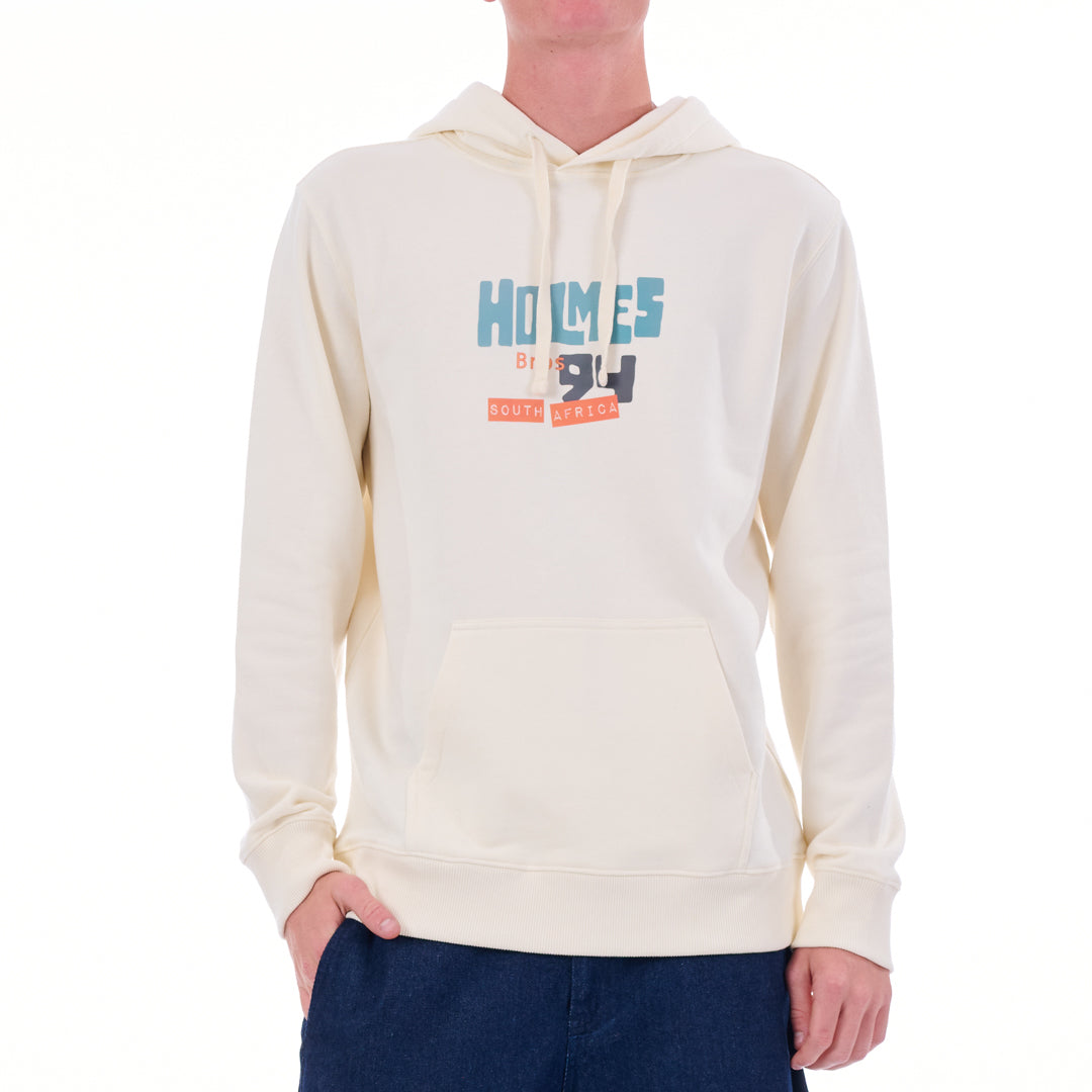 White hoodie with 'HOLMES 94' text on a white background