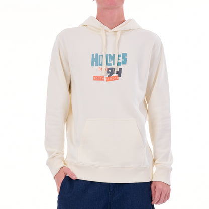 White hoodie with 'HOLMES 94' text on a white background