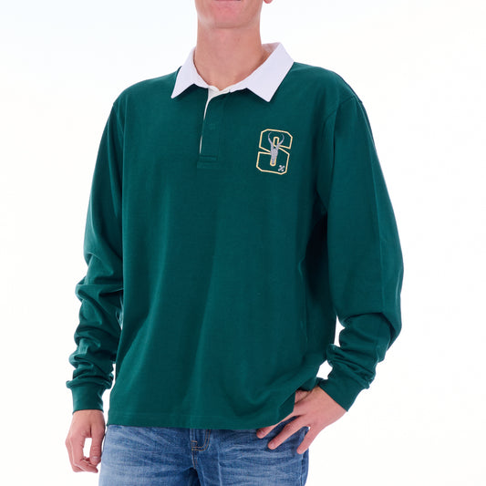 Green long-sleeve polo shirt with a logo worn by a person on a white background