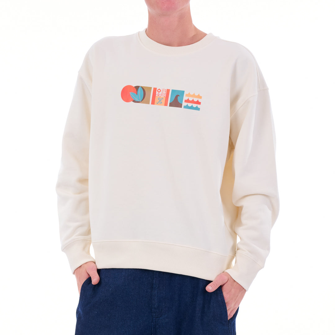 White sweatshirt with colorful graphic design on a white background