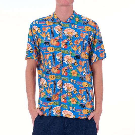 Person wearing a colorful patterned shirt on a white background