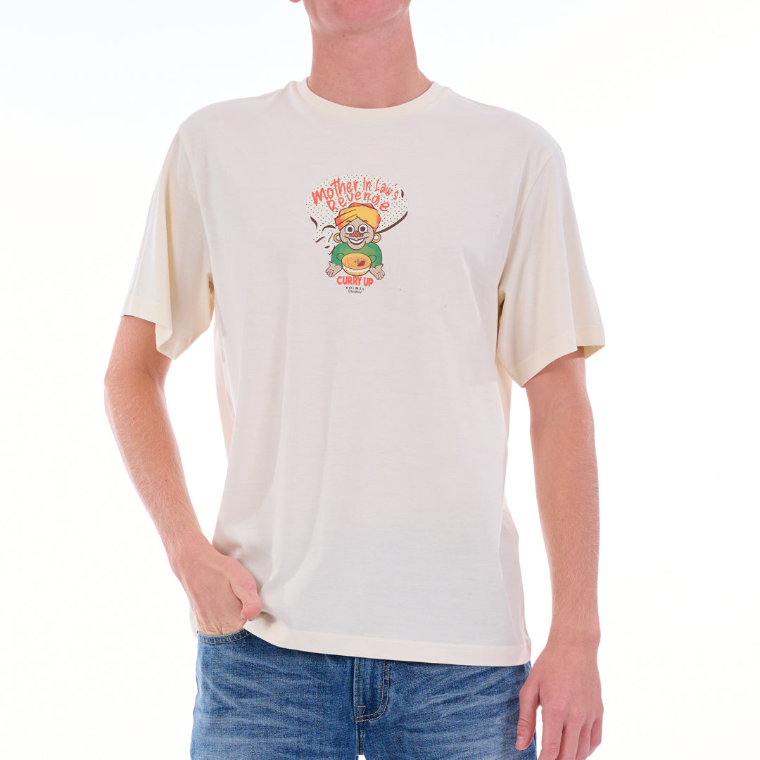 Person wearing a white t-shirt with a graphic design on a white background