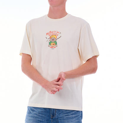 Person wearing a white t-shirt with a graphic design on a white background