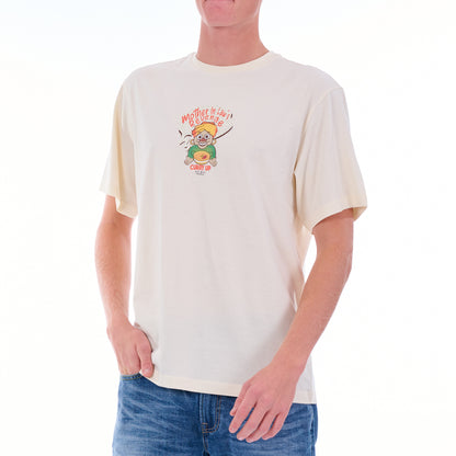 Person wearing a white t-shirt with a graphic design on a white background