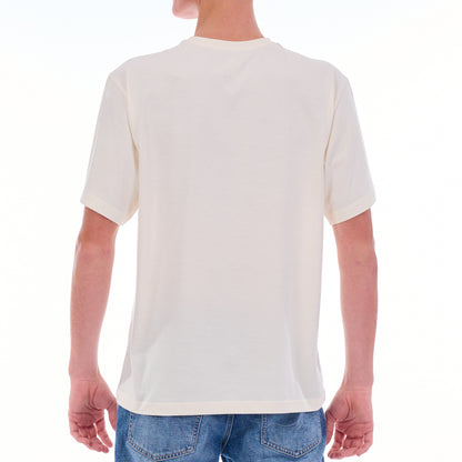 Person wearing a plain white t-shirt on a white background