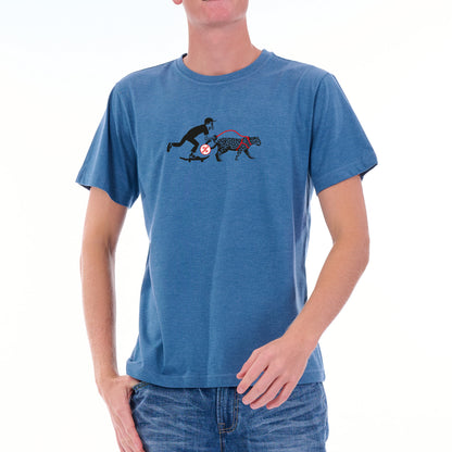 Person wearing a blue t-shirt with a graphic design on a white background
