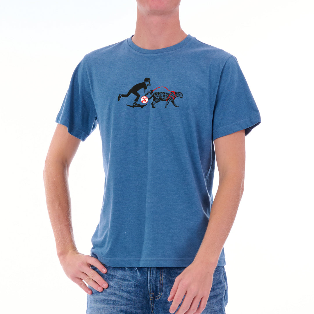Person wearing a blue t-shirt with a graphic design on a white background