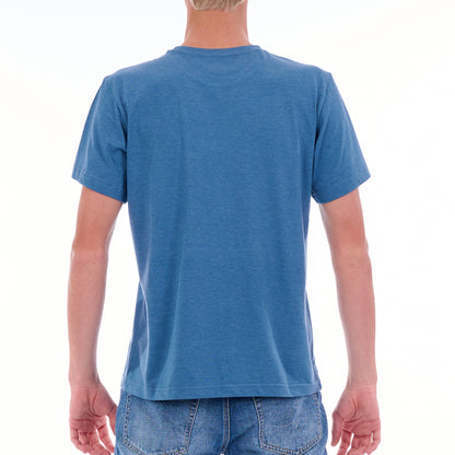Person wearing a blue t-shirt on a white background