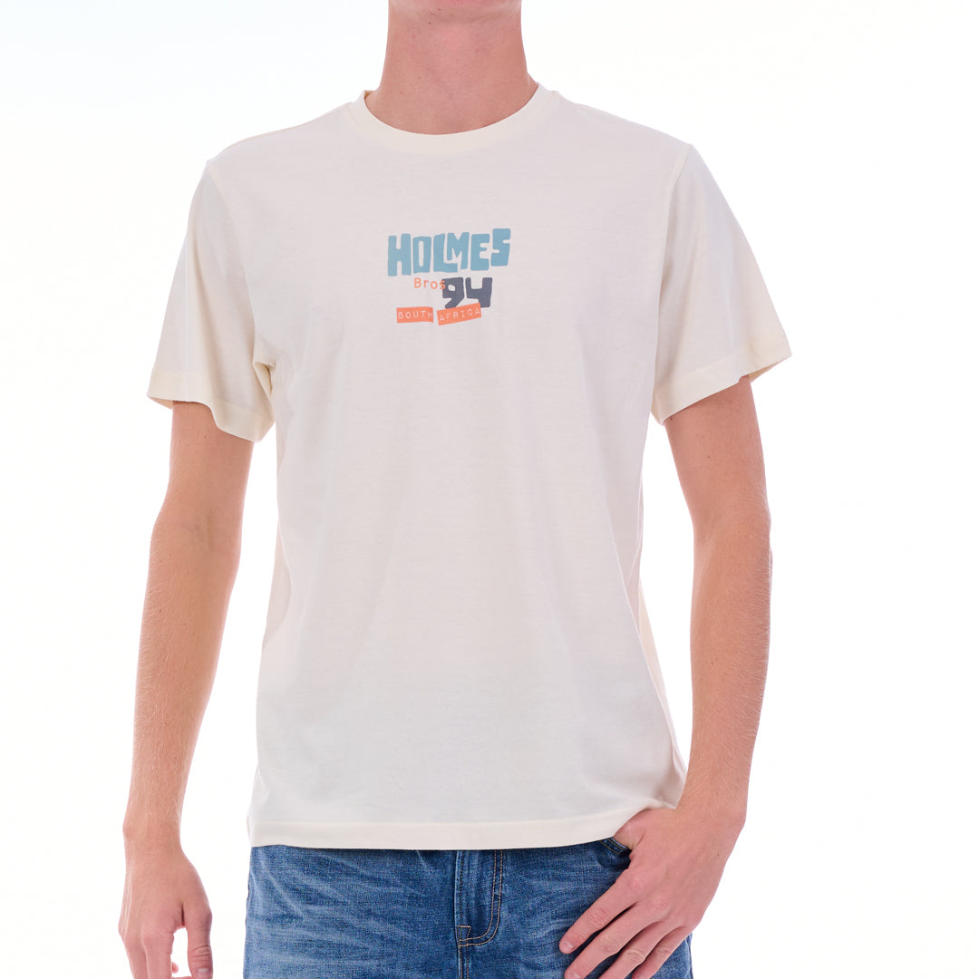 Person wearing a white t-shirt with 'Holmes 94' text on a white background