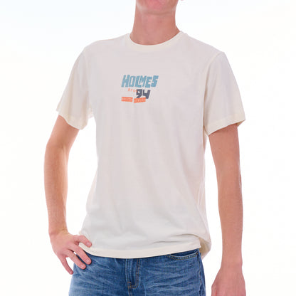 Person wearing a white t-shirt with 'Holmes 94' text on a white background