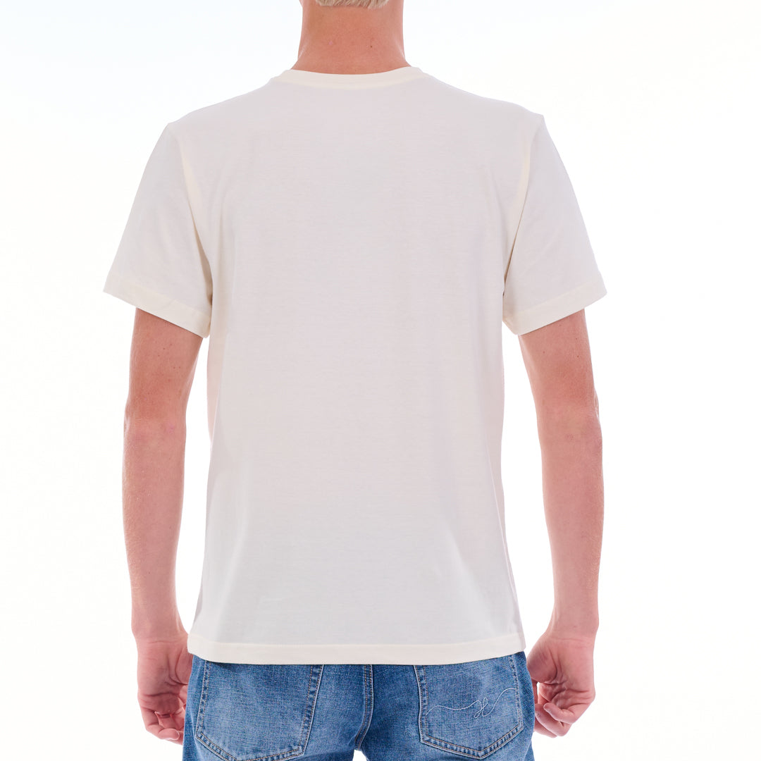 Person wearing a plain white t-shirt and blue jeans on a white background