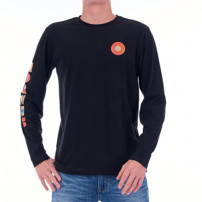 Black long-sleeve shirt with colorful design on sleeve and chest, worn by a person.