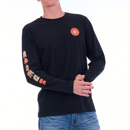 Black long-sleeve shirt with colorful designs on sleeves and chest, worn by a person.