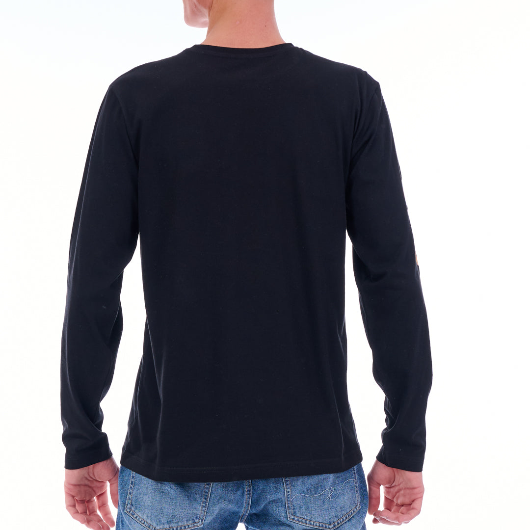 Person wearing a black long-sleeve shirt on a white background