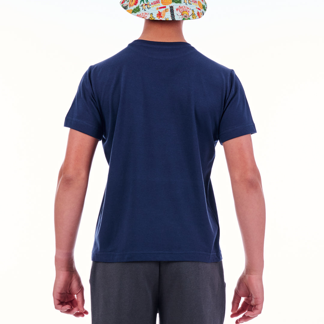 Person wearing a navy blue t-shirt on a white background