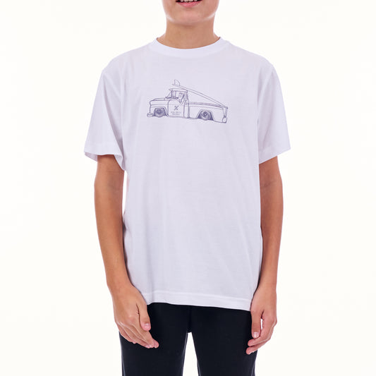 Person wearing a white t-shirt with a graphic design on a plain background