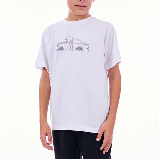 Child wearing a white t-shirt with a graphic design on a white background