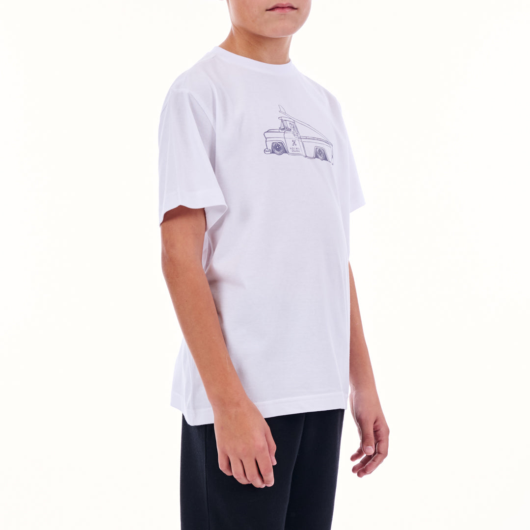 Person wearing a white t-shirt with a graphic design on a plain background