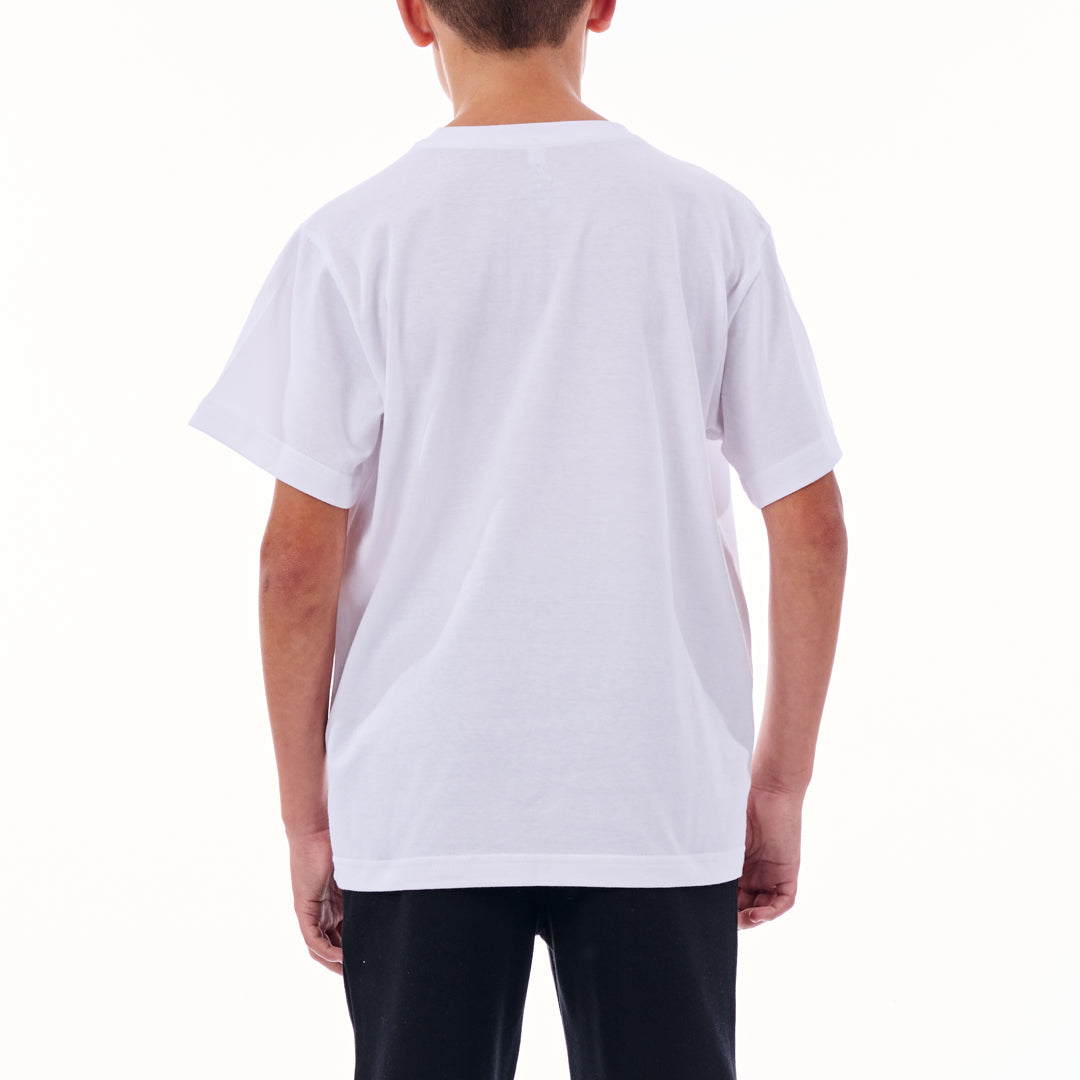 Person wearing a plain white t-shirt on a white background