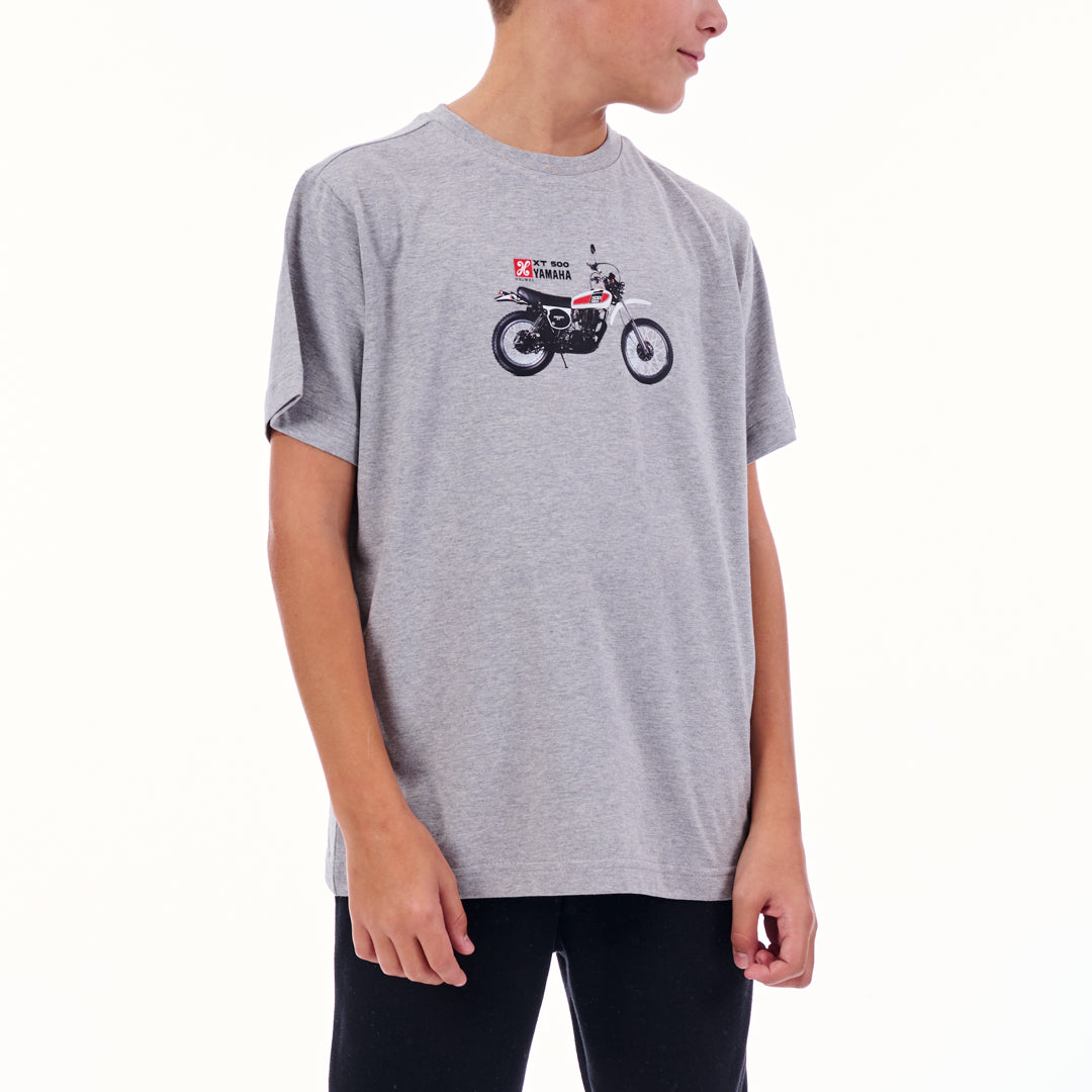 Person wearing a gray t-shirt with a motorcycle graphic on a white background