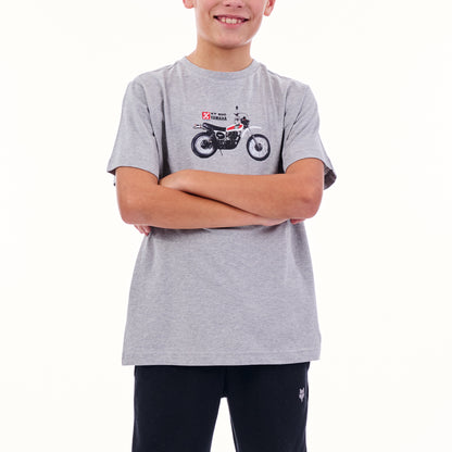 Child wearing a gray t-shirt with a motorcycle graphic on a white background