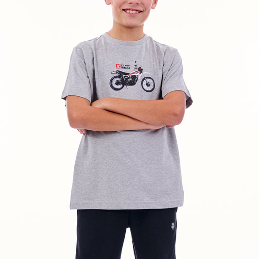 Child wearing a gray t-shirt with a motorcycle graphic on a white background