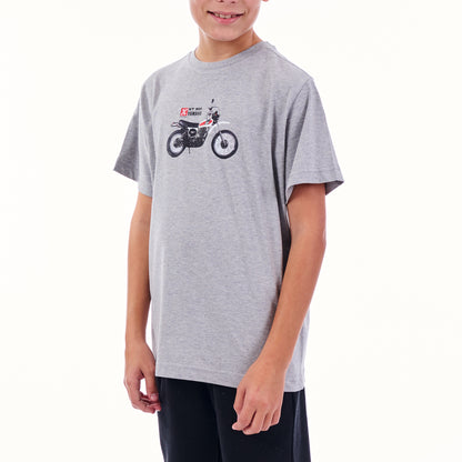 Child wearing a gray t-shirt with a motorcycle graphic on a white background