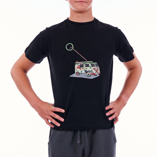 Person wearing a black t-shirt with a colorful graphic design on a white background