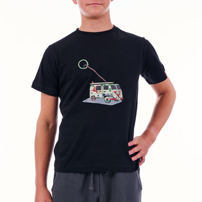 Person wearing a black t-shirt with a colorful graphic design on a white background