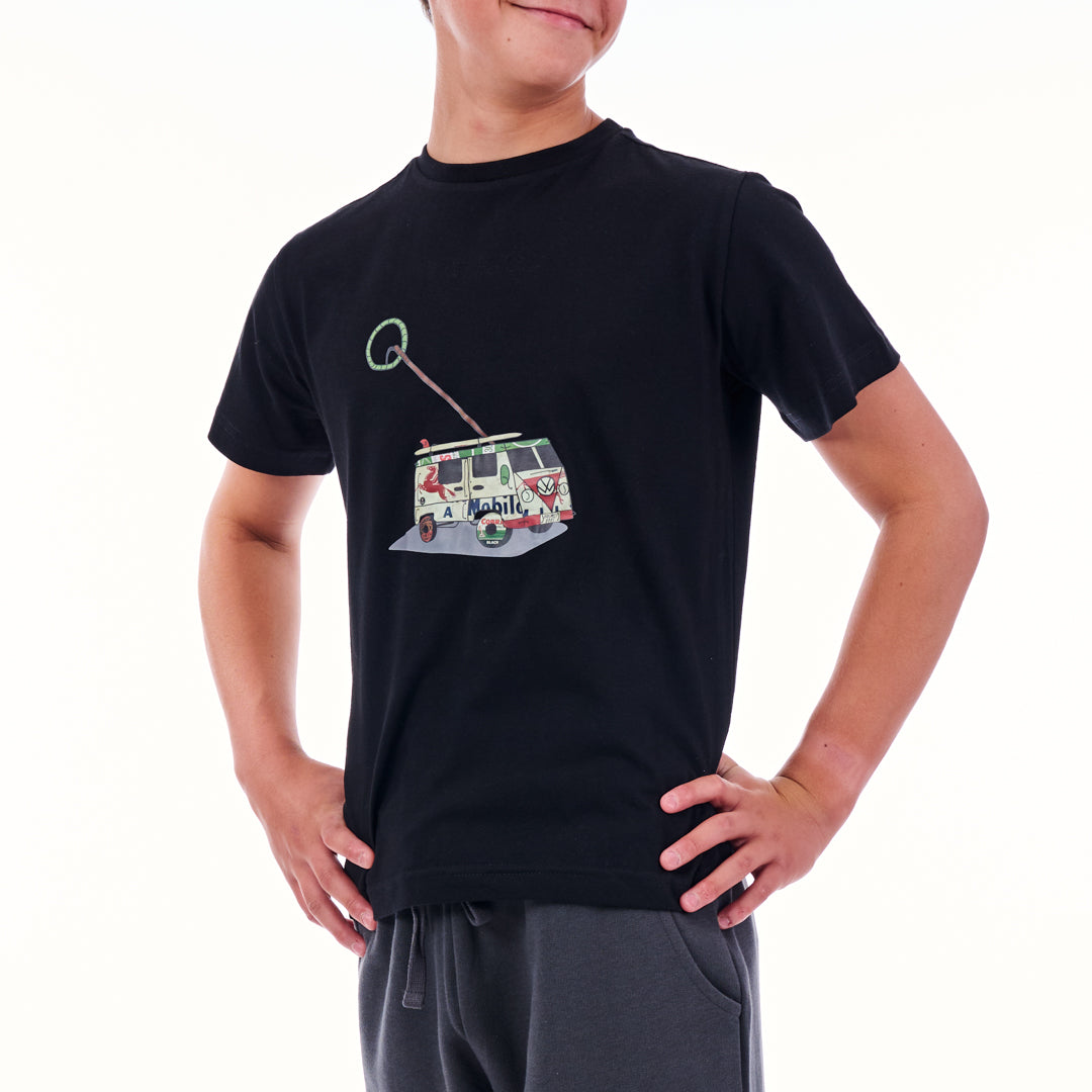Person wearing a black t-shirt with a colorful graphic design on a white background
