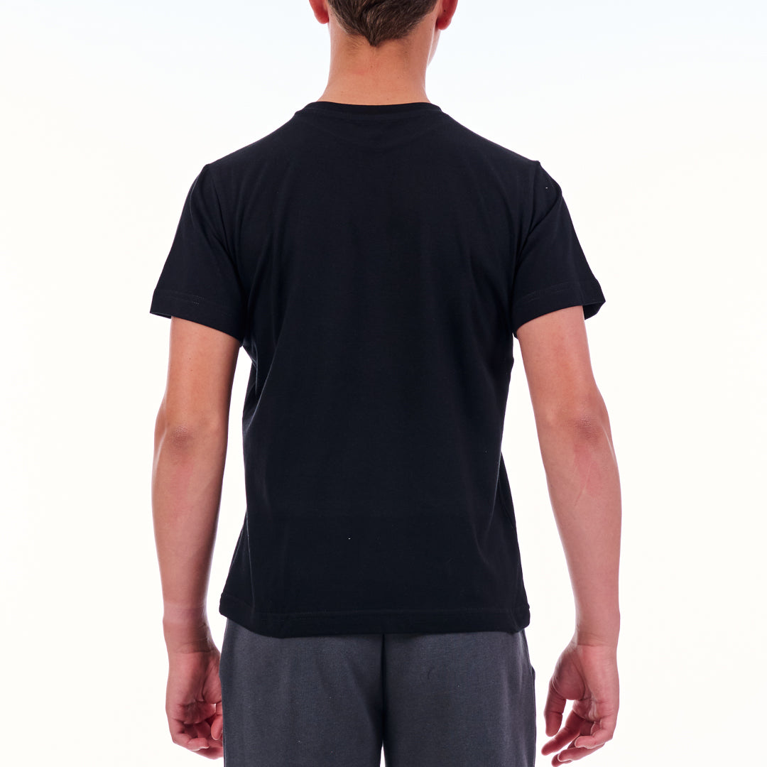 Person wearing a black t-shirt on a white background
