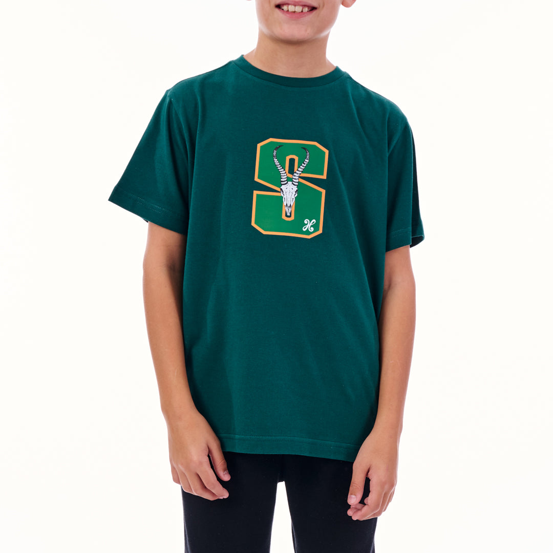 Person wearing a green t-shirt with a logo on a white background