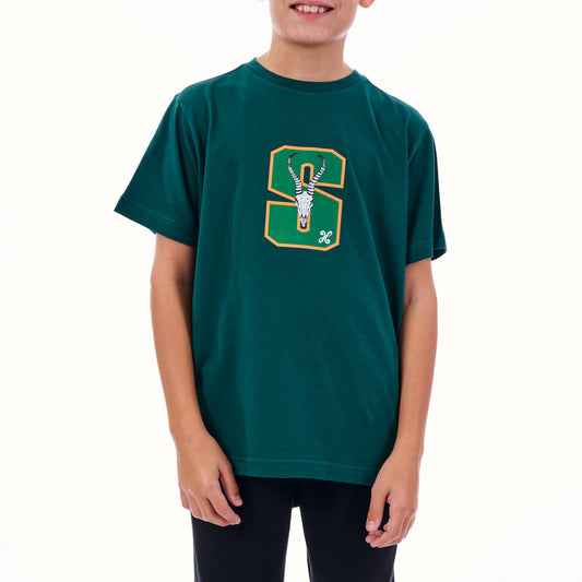Person wearing a green t-shirt with a logo on a white background