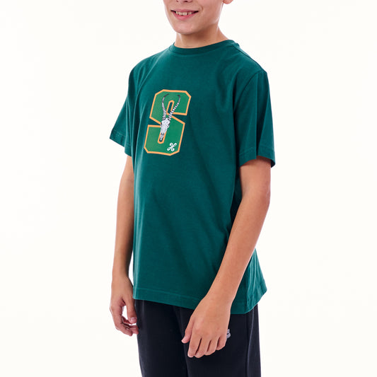 Child wearing a green t-shirt with a logo on a white background