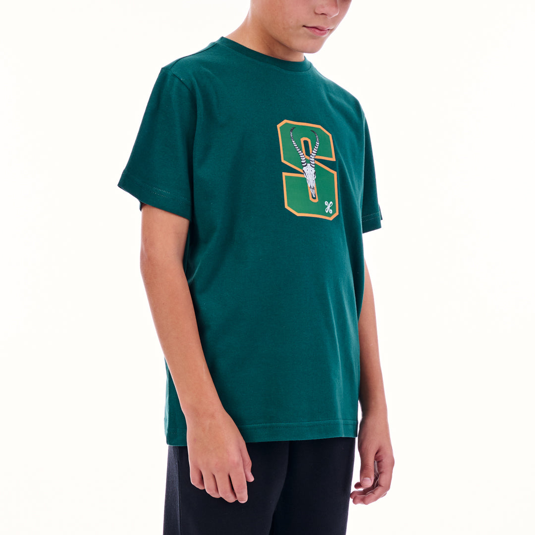 Person wearing a green t-shirt with a logo on a white background