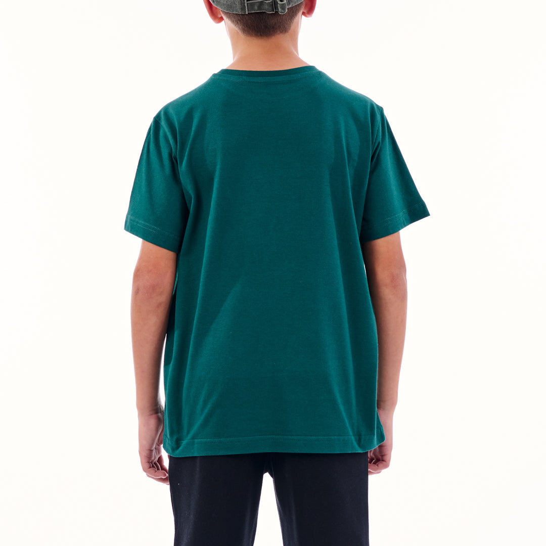 Person wearing a teal t-shirt on a white background