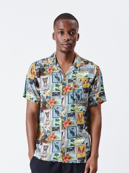 Holmes Bros African collage Hawaiian Button Up Short-Sleeve Shirt