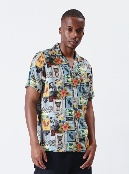 Holmes Bros African collage Hawaiian Button Up Short-Sleeve Shirt